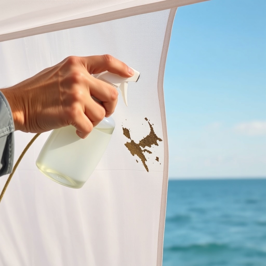 <A person applying a spray bottle with vinegar solution on a small patch of mold on a Sunf