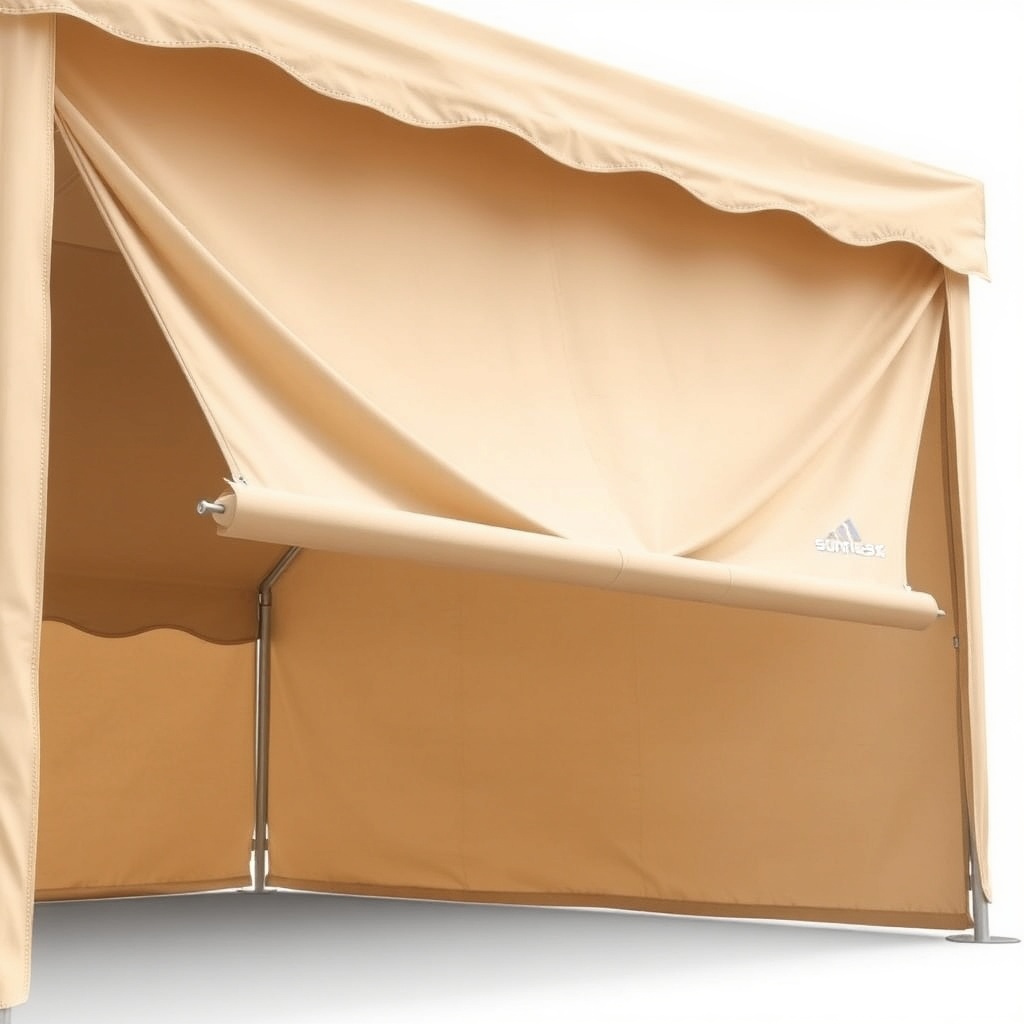 <clean photorealistic photo/illustration of a Sunflex Mediterranean tente with slight sagg