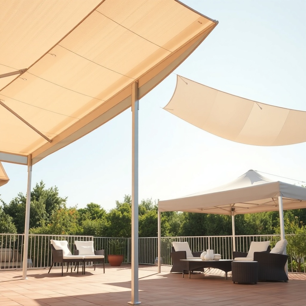 <clean photorealistic photo of Sunflex Mediterranean tent side-by-side with Markilux on a