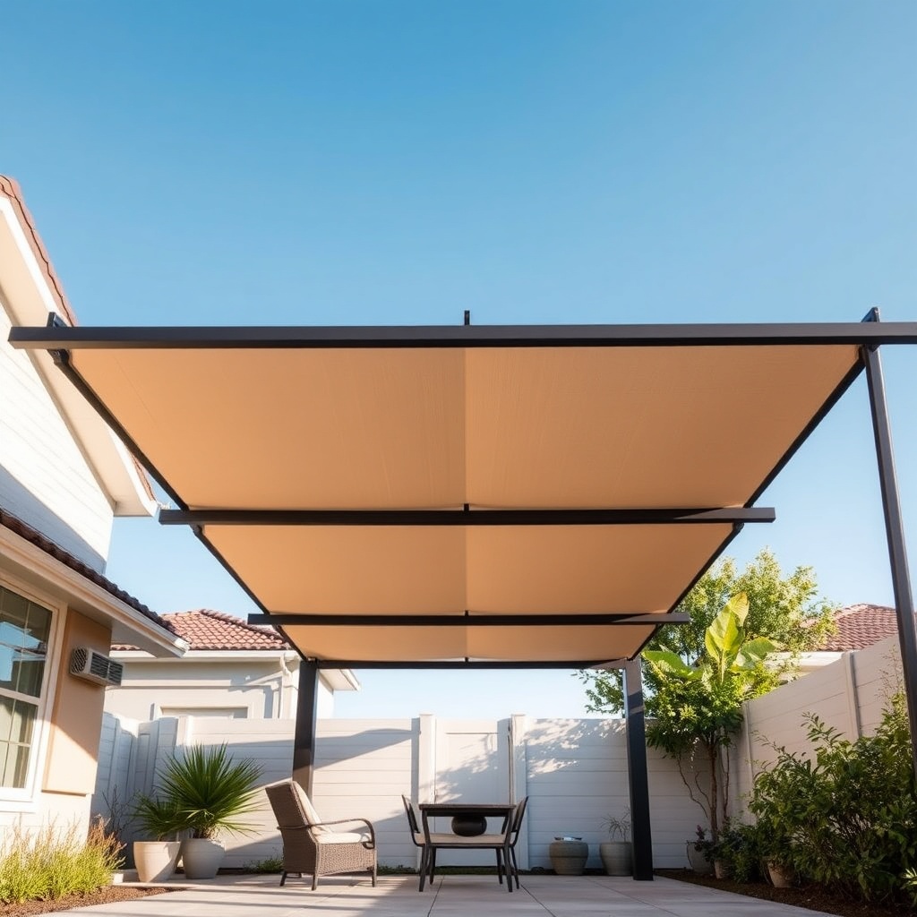 <clean photorealistic photo of a Sunflex Mediterranean terrace canopy in a residential bac