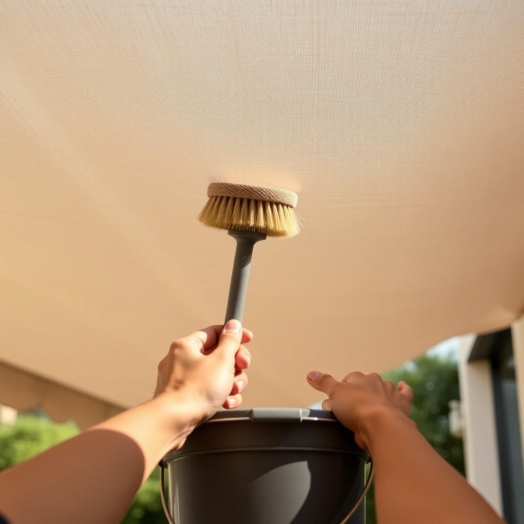 <clean photorealistic photo of hands cleaning a Sunflex Mediterranean terrace canopy fabri
