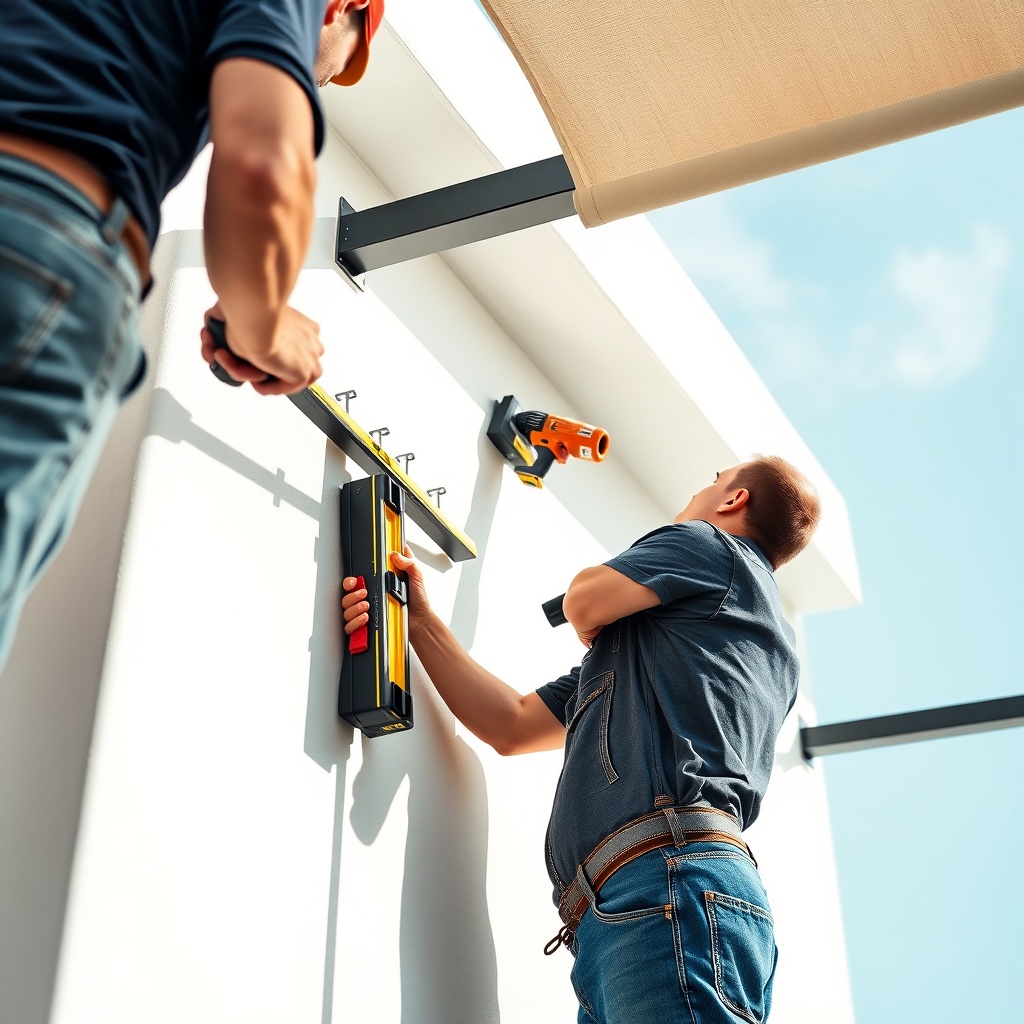 <photorealistic photo of two installers attaching Sunflex Mediterranean tente brackets to