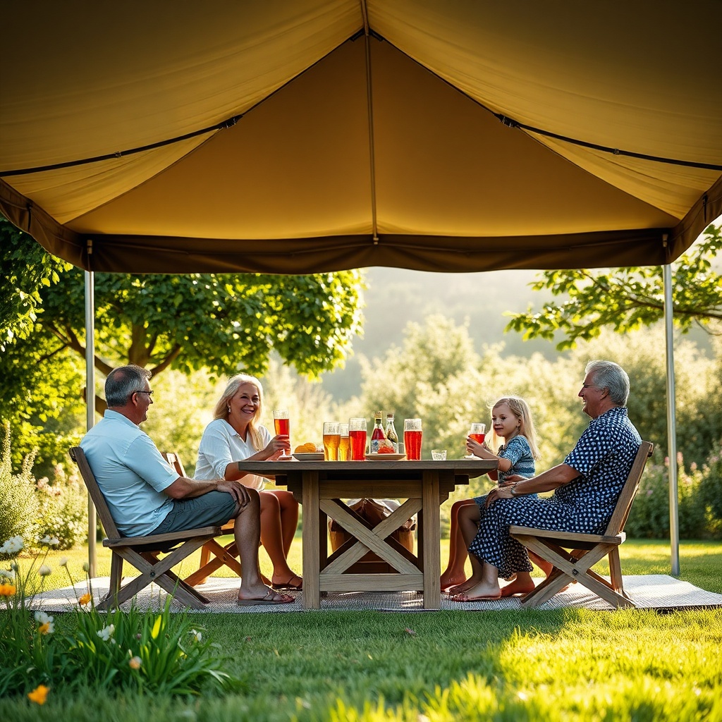<photorealistic photo of a family sitting under a Sunflex Mediterranean tente in a garden