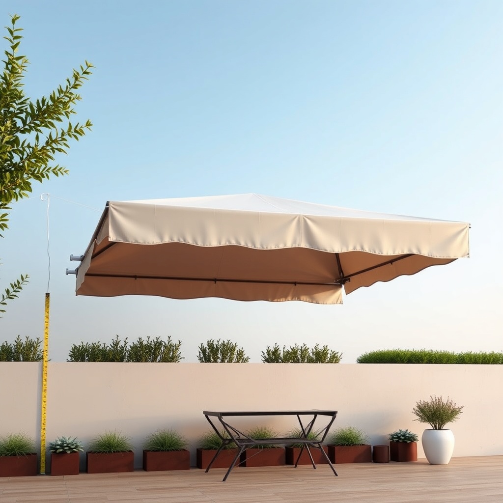 <clean photorealistic photo of a Sunflex Mediterranean tente mounted on a terrace wall wit