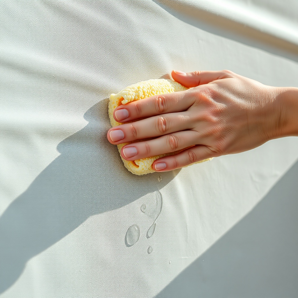 A photorealistic close-up of a clean Sunflex Mediterranean tente fabric being gently wiped
