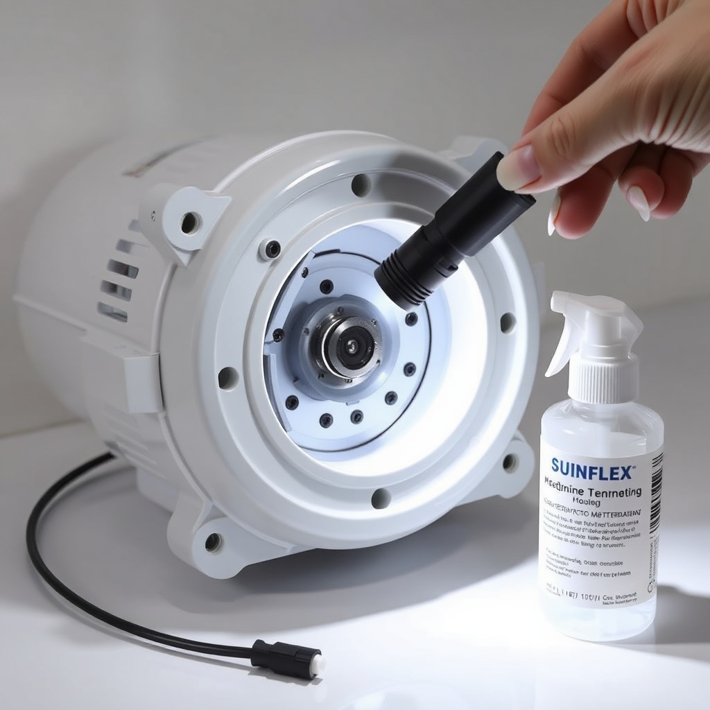 A photorealistic photo of a Sunflex Mediterranean tente motor housing being inspected with