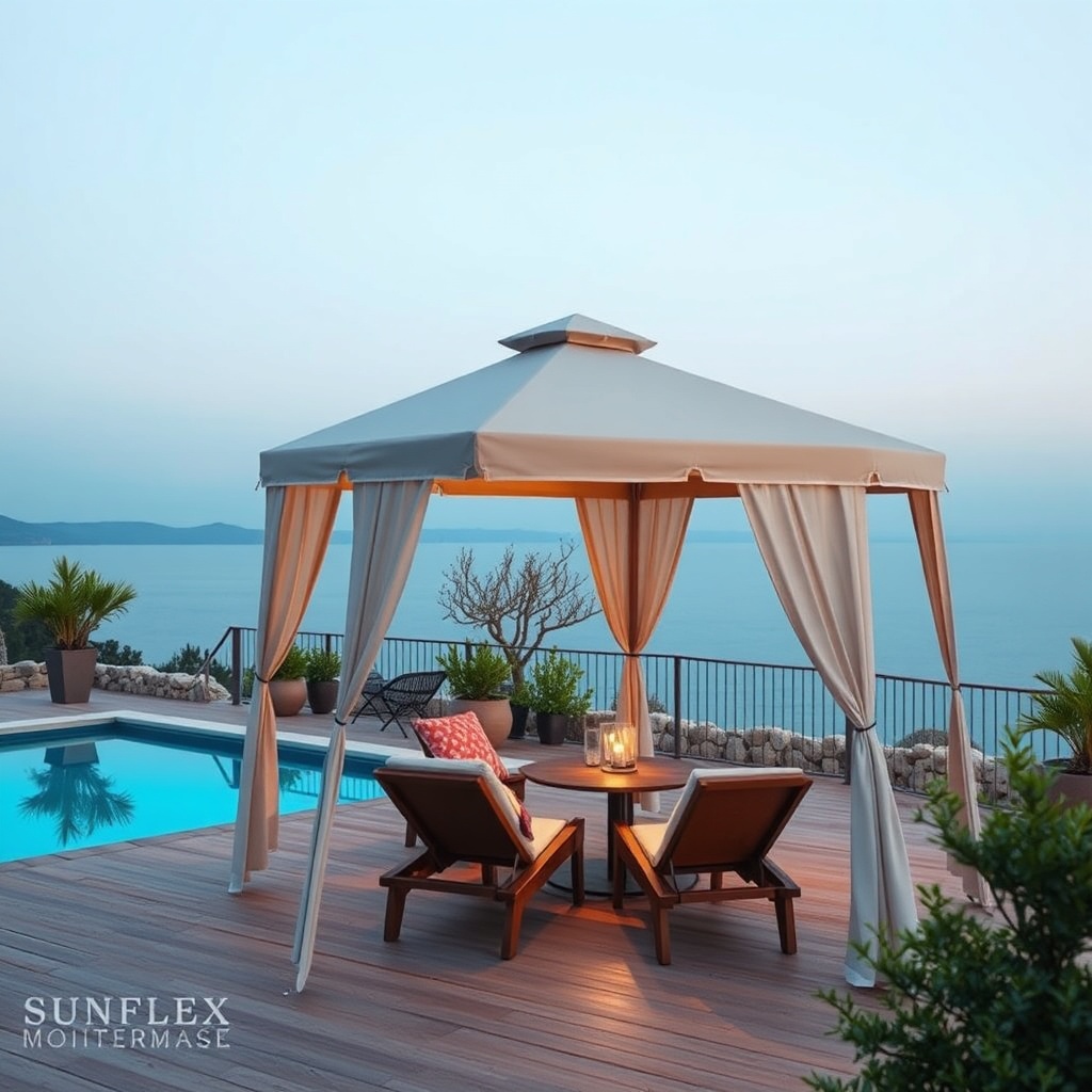 Bir kadın elinde metreyle Sunflex Mediterranean tente kanadının altındaki mesafeyi ölçüyor