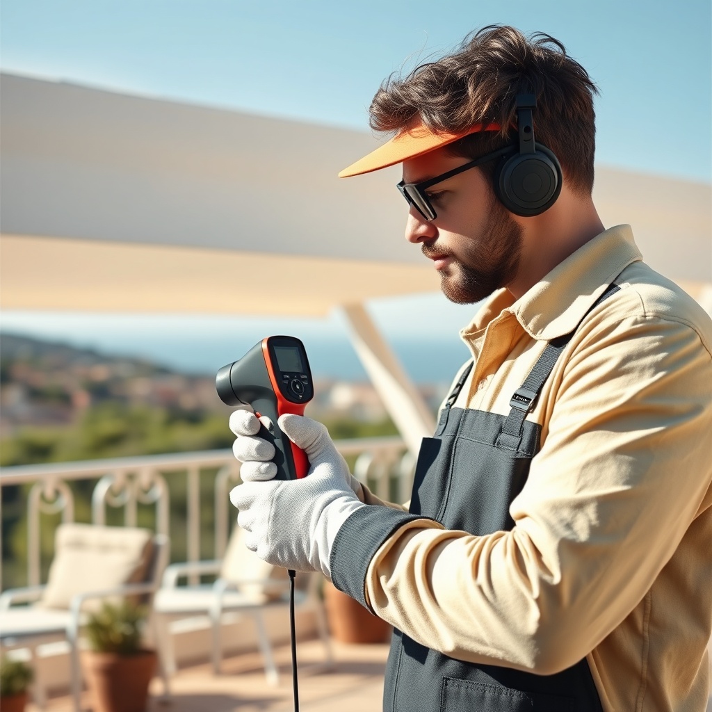 <clean photorealistic photo of a technician testing a white Sunflex Mediterranean tente rü