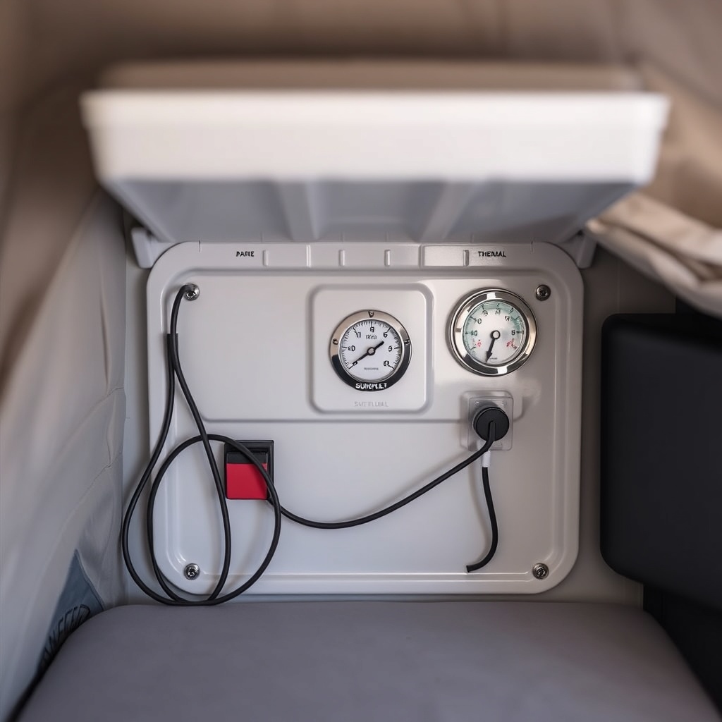 <clean photorealistic photo of a Sunflex Mediterranean tente motor compartment showing wir