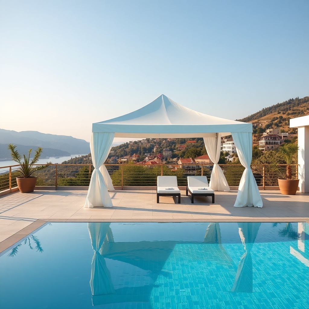 <clean photorealistic photo of Sunflex Mediterranean tente kumaşının gerilme kontrolü yapı