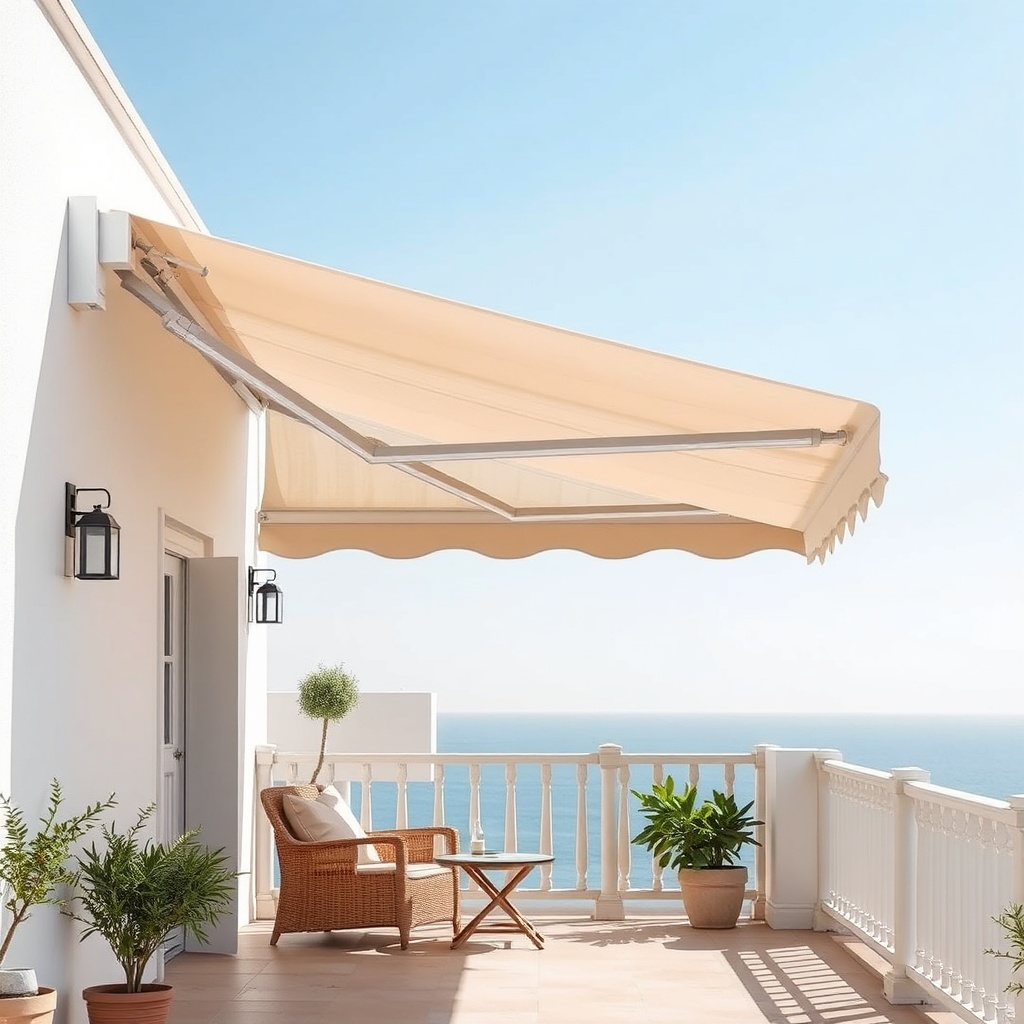 A clean photorealistic photo of a Sunflex Mediterranean awning fully extended on a sunny M