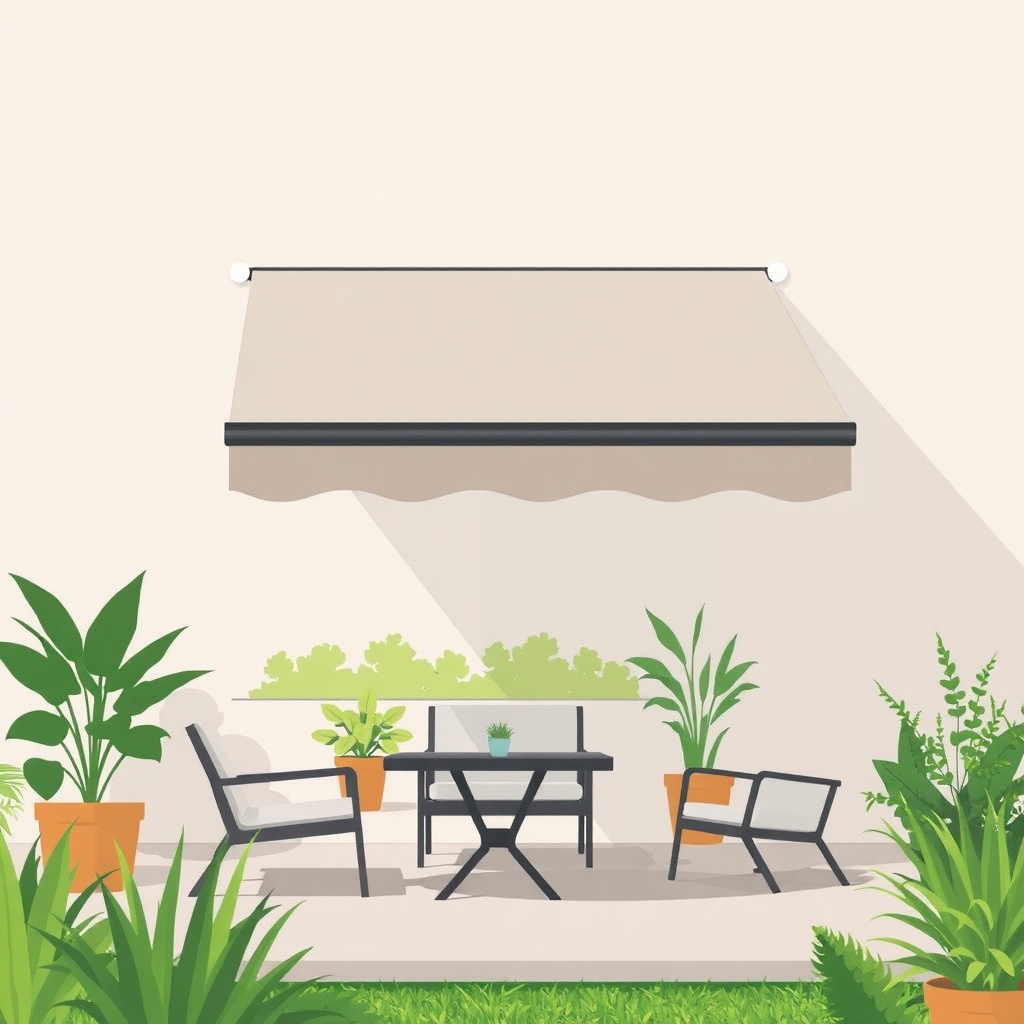 A simple illustration showing a Sunflex Mediterranean awning installed on a garden terrace