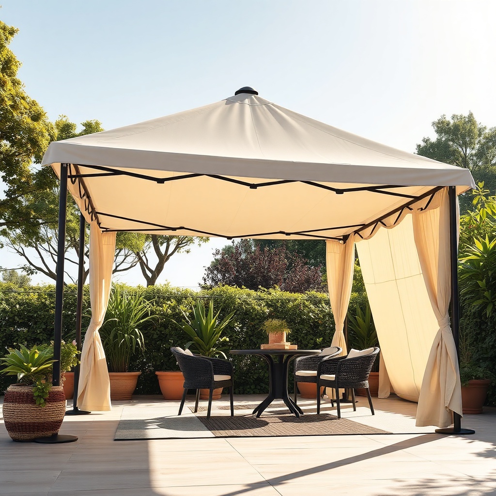 <photorealistic photo of a Sunflex Mediterranean terrace tent with high-quality fabric tex