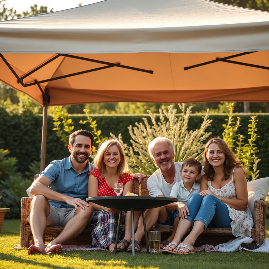 <photorealistic photo of a satisfied family sitting under a Sunflex Mediterranean tent in