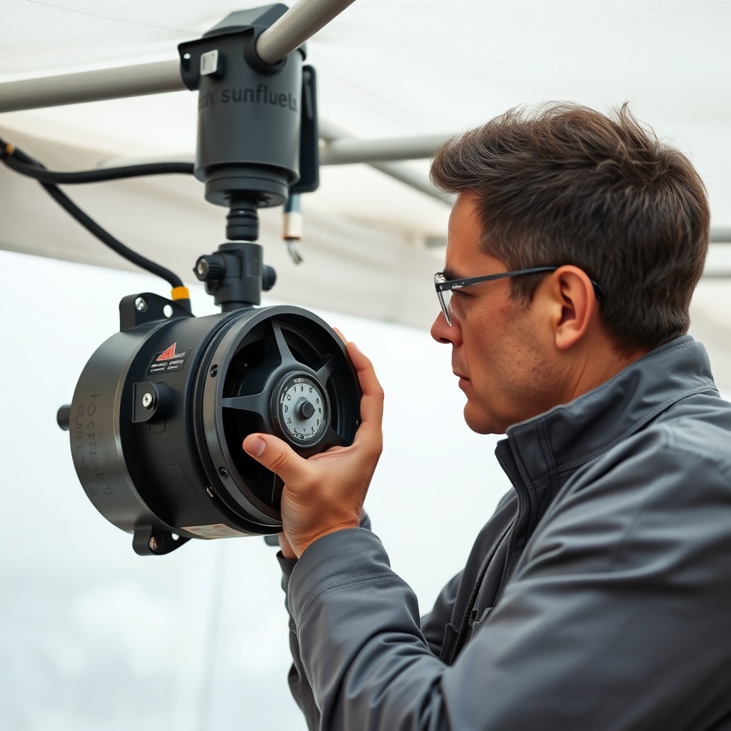 <clean photorealistic photo of a technician checking a Sunflex Mediterranean tente motor m