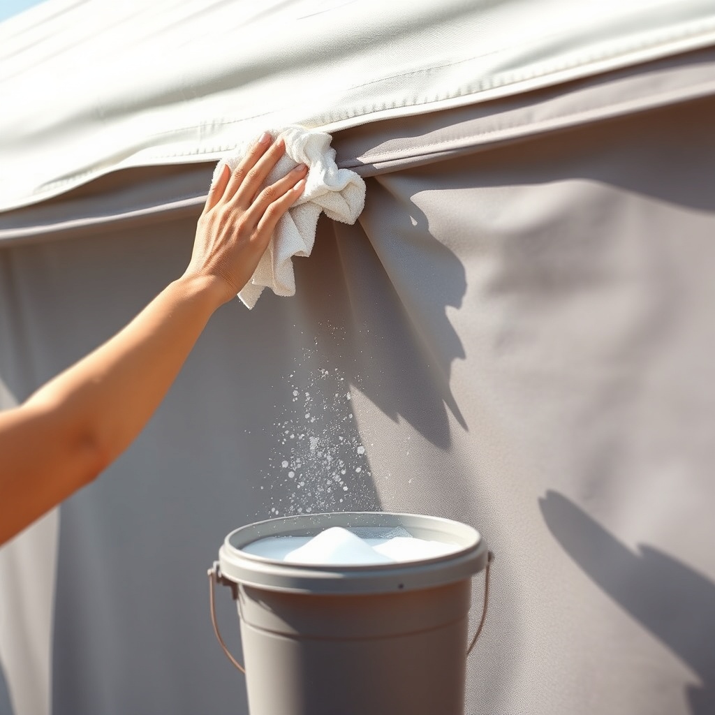 <clean photorealistic photo of a person gently wiping a Sunflex Mediterranean tente fabric