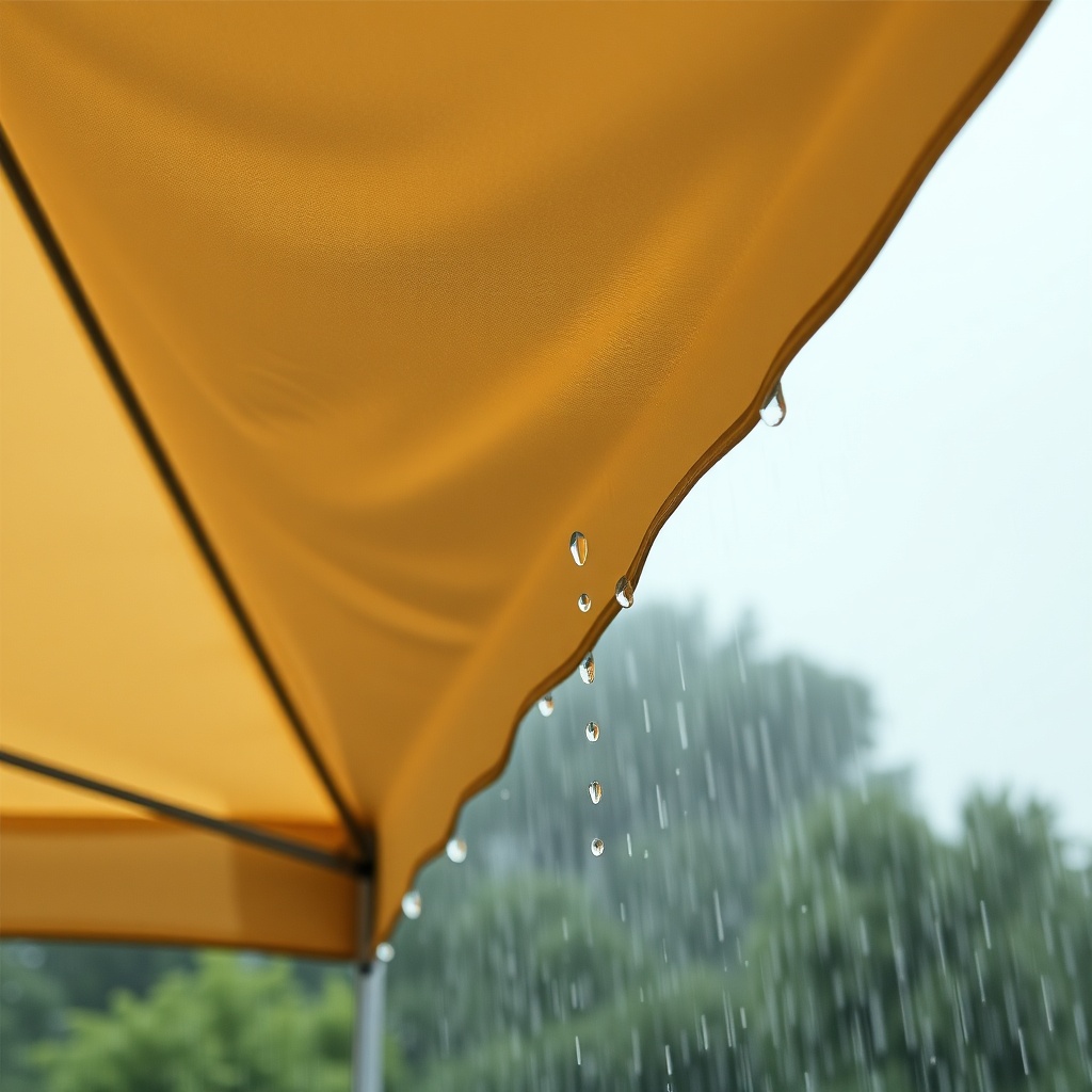 <photorealistic photo of Sunflex Mediterranean tent under moderate rain