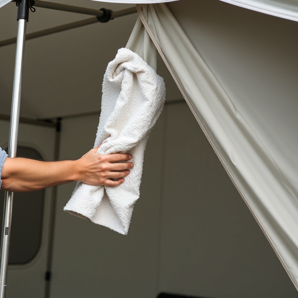 <photorealistic photo of someone wiping dry Sunflex Mediterranean tent after rain