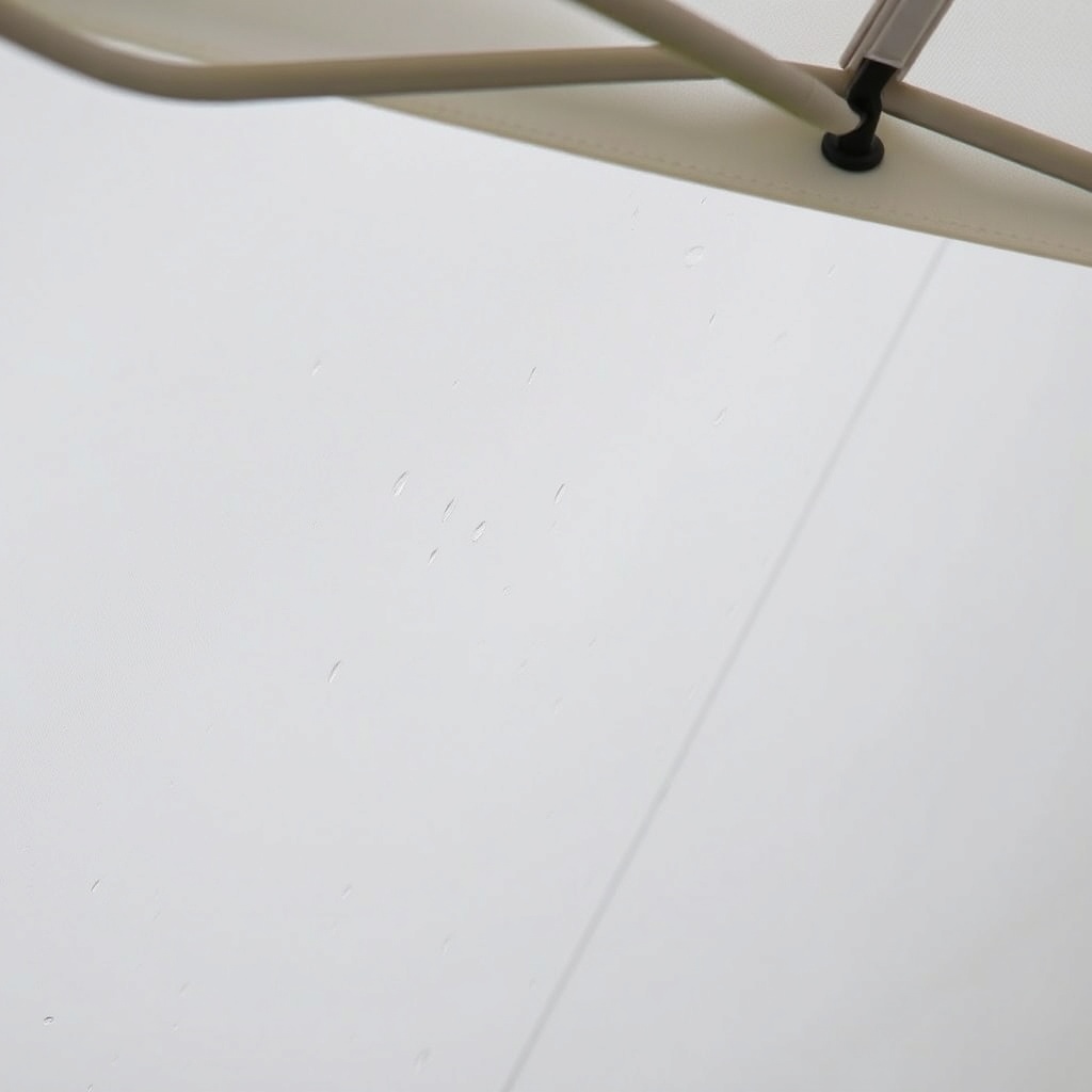 <A photorealistic photo of a Sunflex Mediterranean tente partially open in light rain