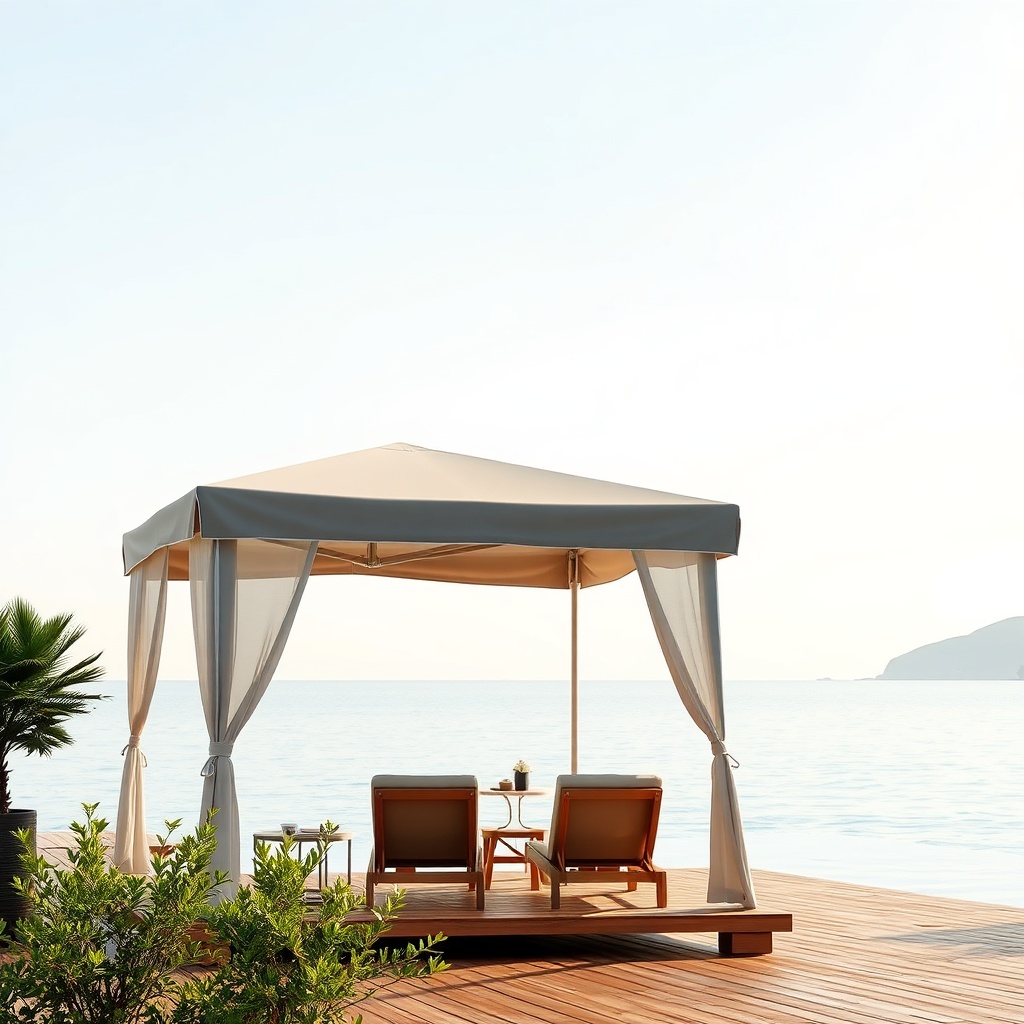 <Sunflex Mediterranean tente yagmur altinda egim acisi gosteren fotorealistik goruntu