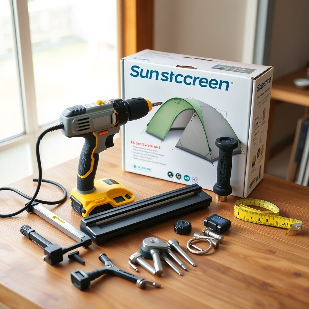 A clean photorealistic photo of various mounting tools laid out on a wooden table next to
