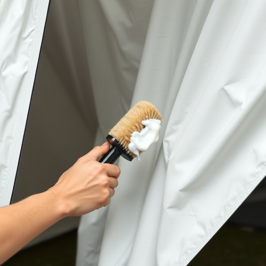 <clean photorealistic photo illustration showing a person cleaning Sunscreen European tent