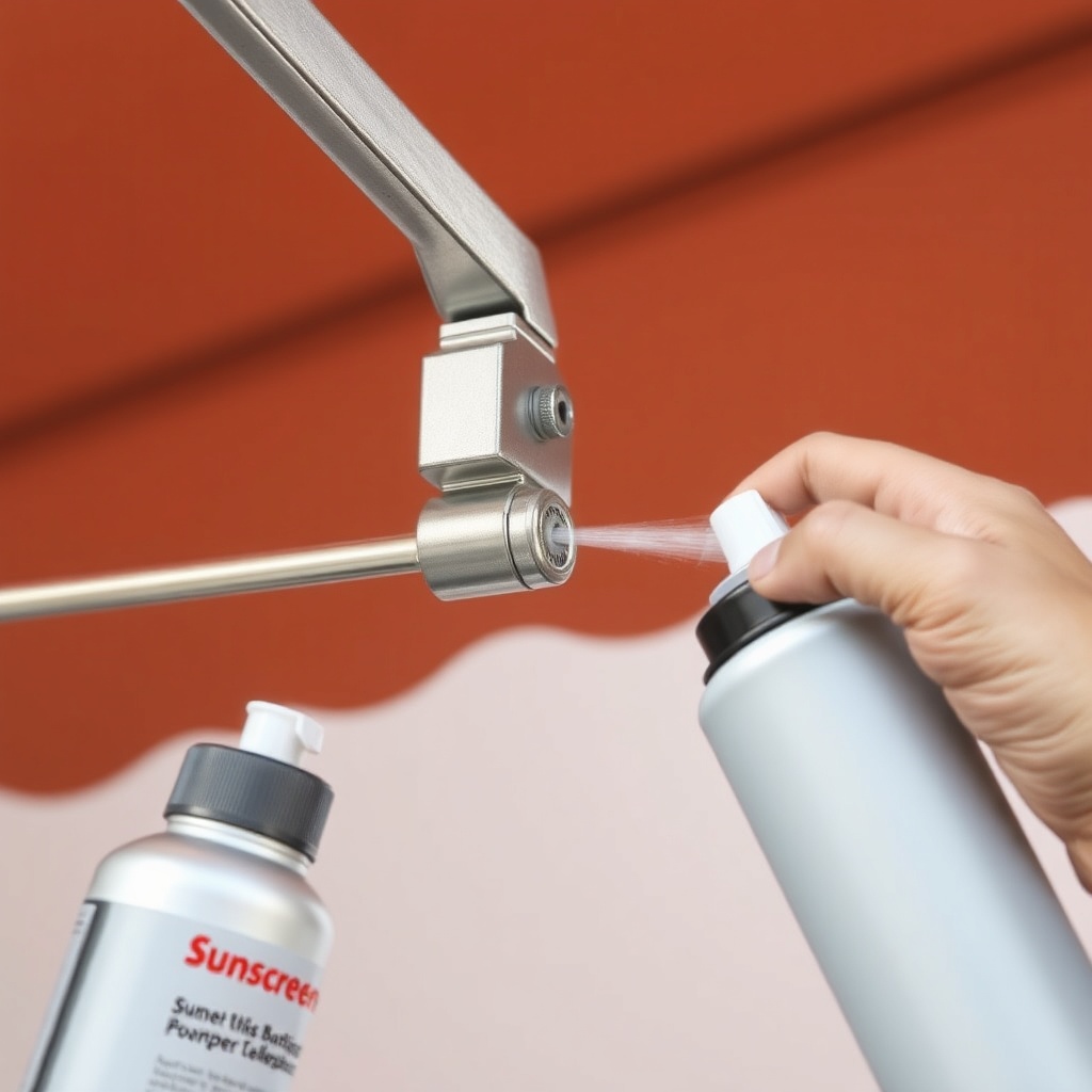 A clean photorealistic photo of a Sunscreen European awning's metal arm mechanism being sp
