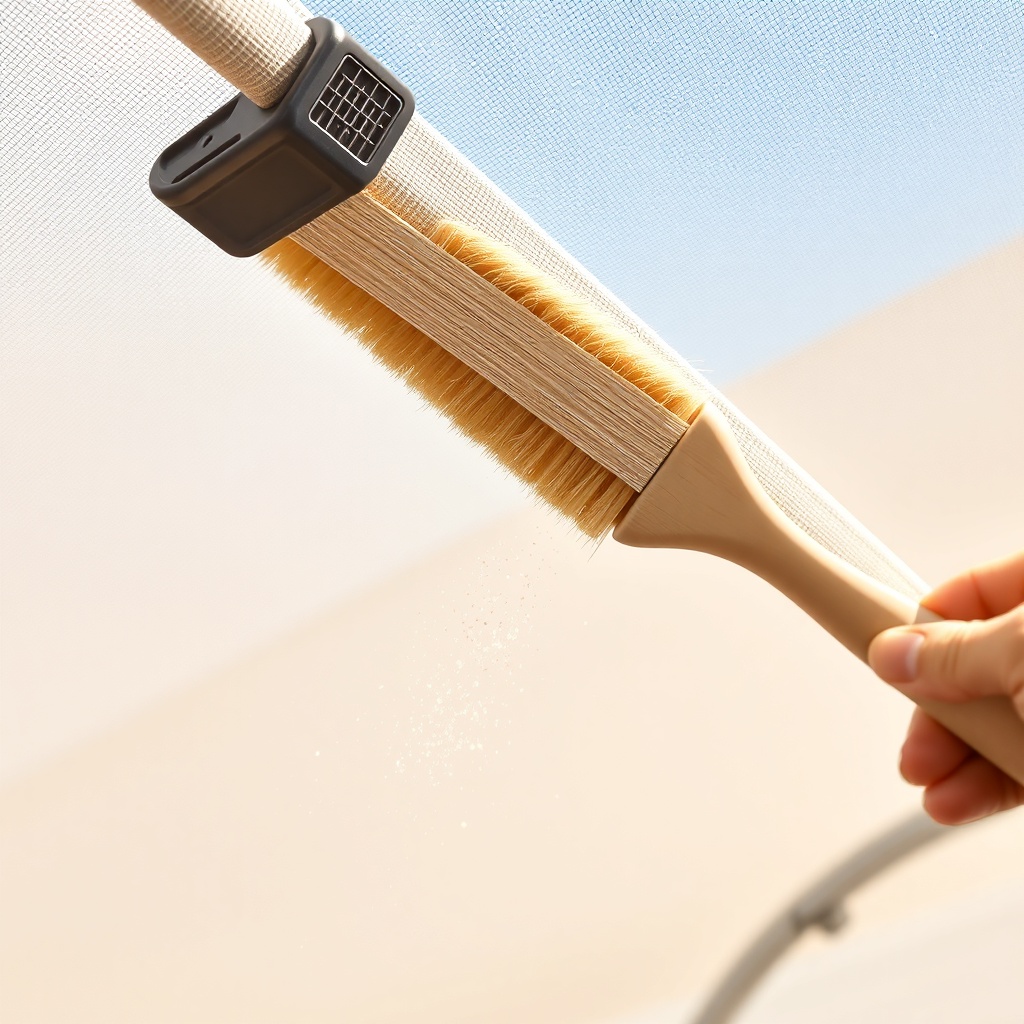 A photorealistic photo of a Sunscreen European awning fabric being gently brushed with a s