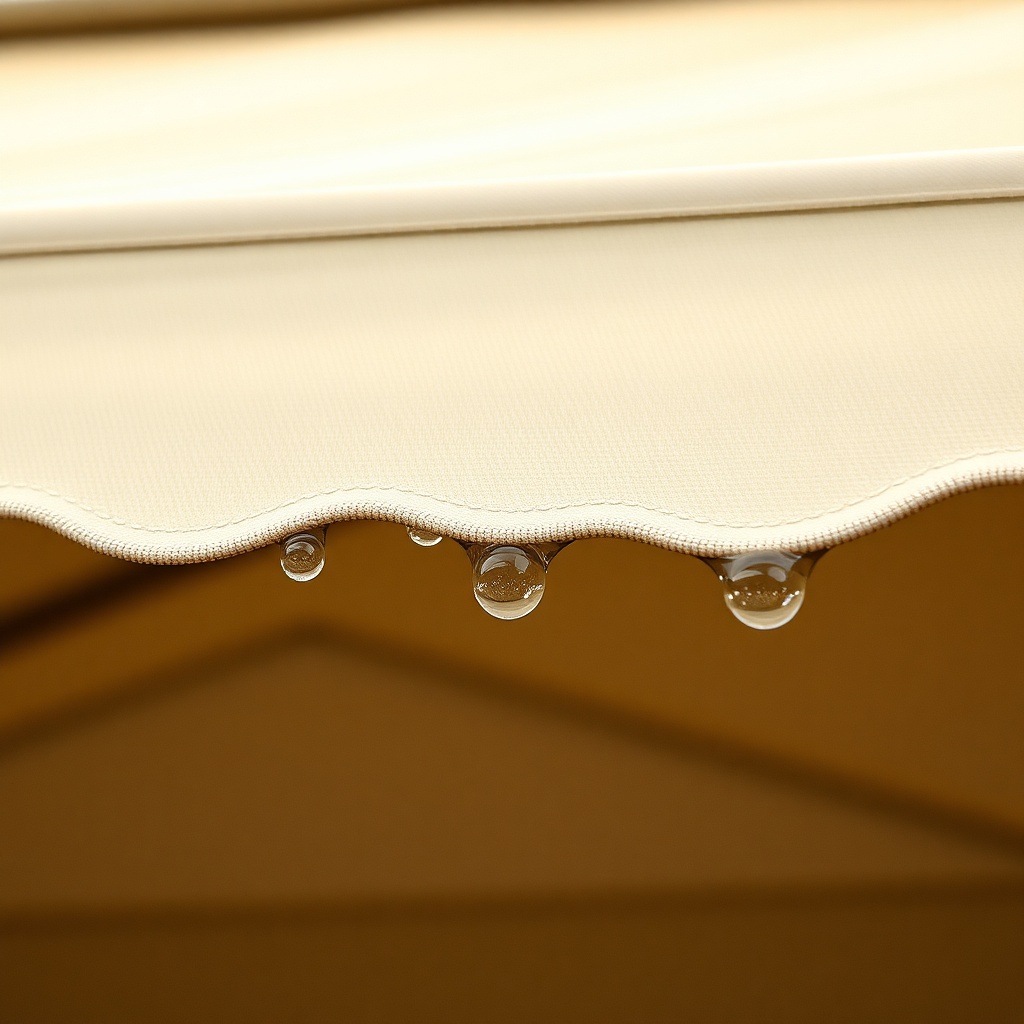 A photorealistic close-up of a Sunscreen European awning with water droplets beading on th