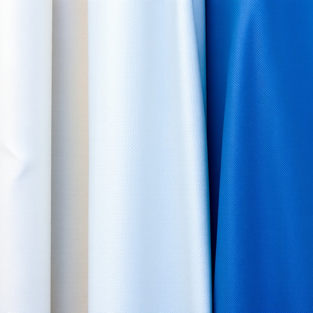 A clean photorealistic photo showing three rolls of different tente fabrics (acrylic