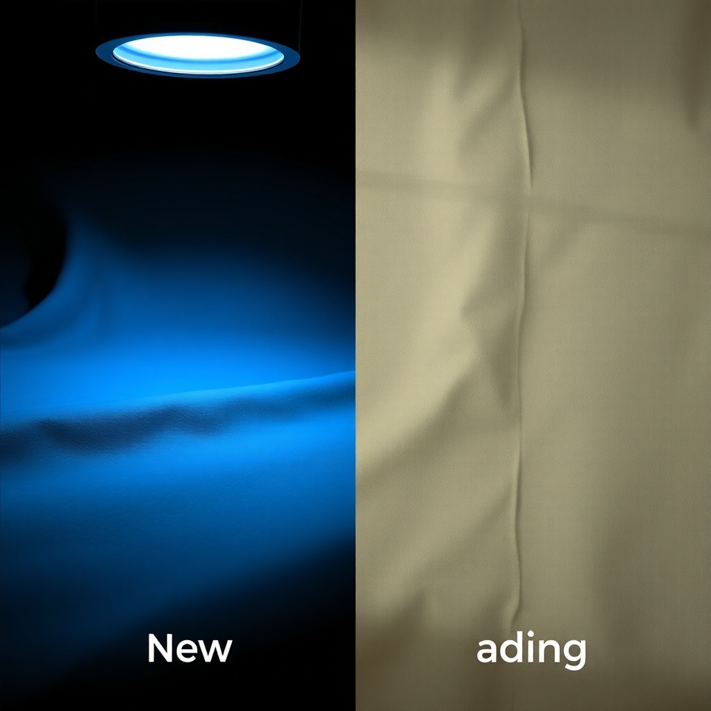 A clean photorealistic photo showing a split comparison under UV light: left side new fabr