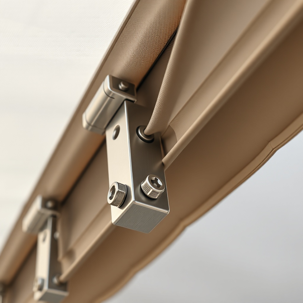 <close-up professional photo of stainless steel brackets and screws on a Sunscreen Europea