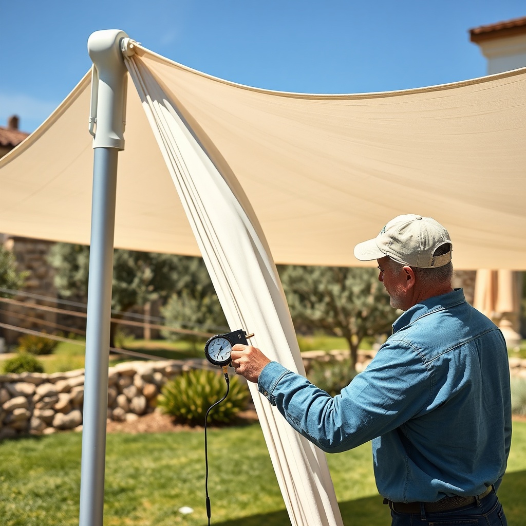 <A photorealistic photo of a Sunflex Mediterranean tente being tested by a technician in a