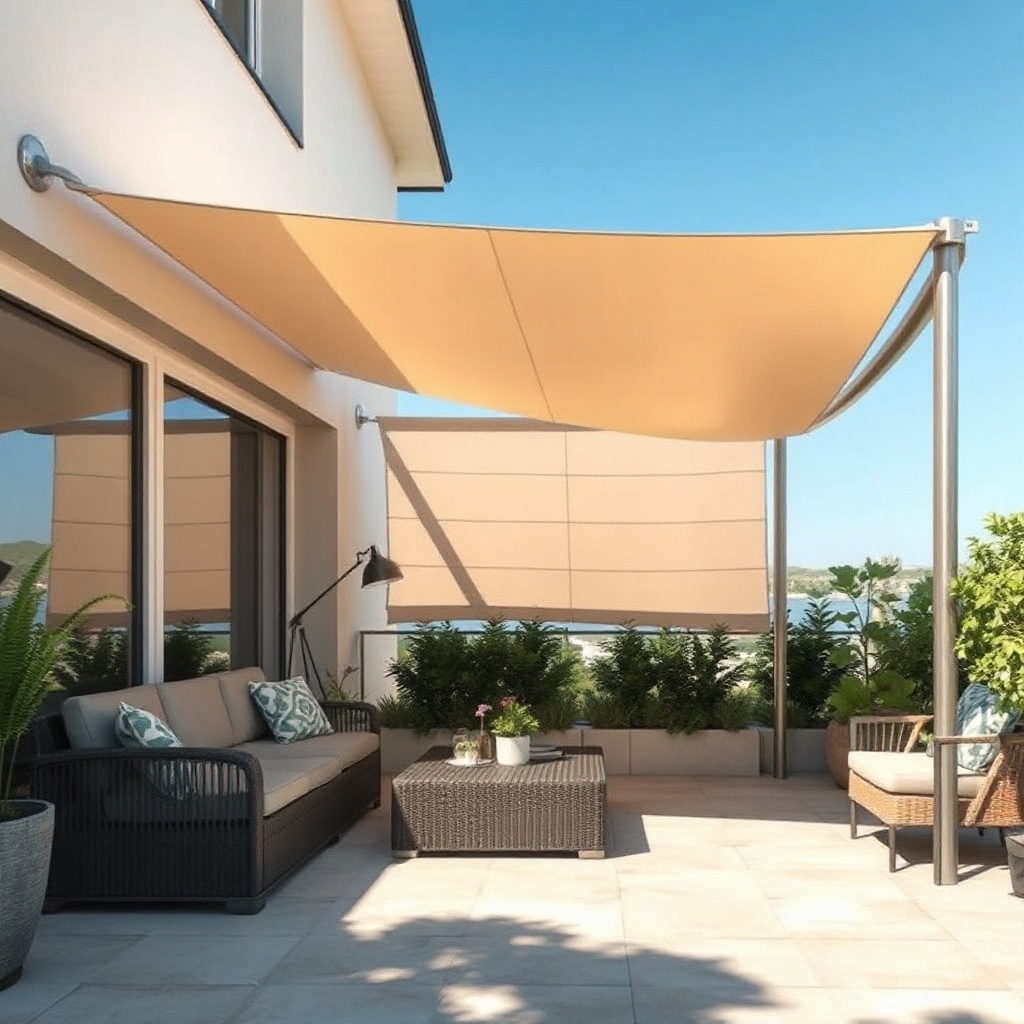 A sun-drenched patio with a modern Sunscreen European tente in a soft beige color