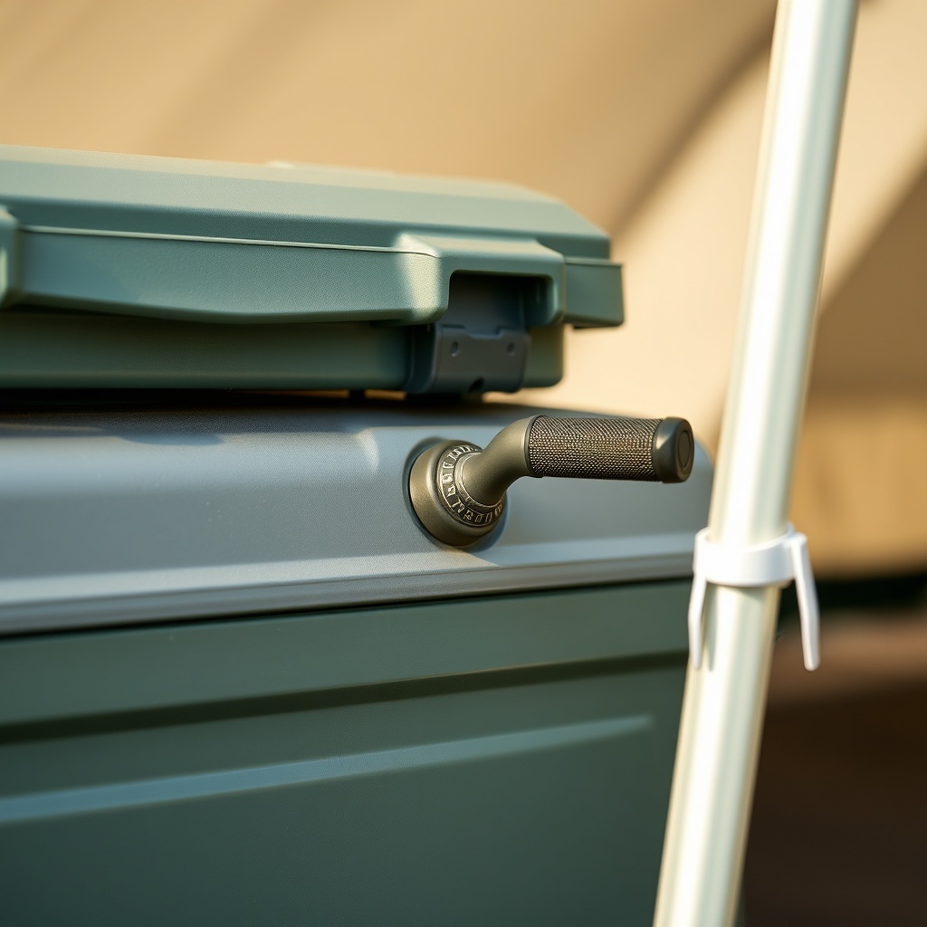 <A photorealistic close-up photo of a Sunscreen European tente's motor case and crank hand