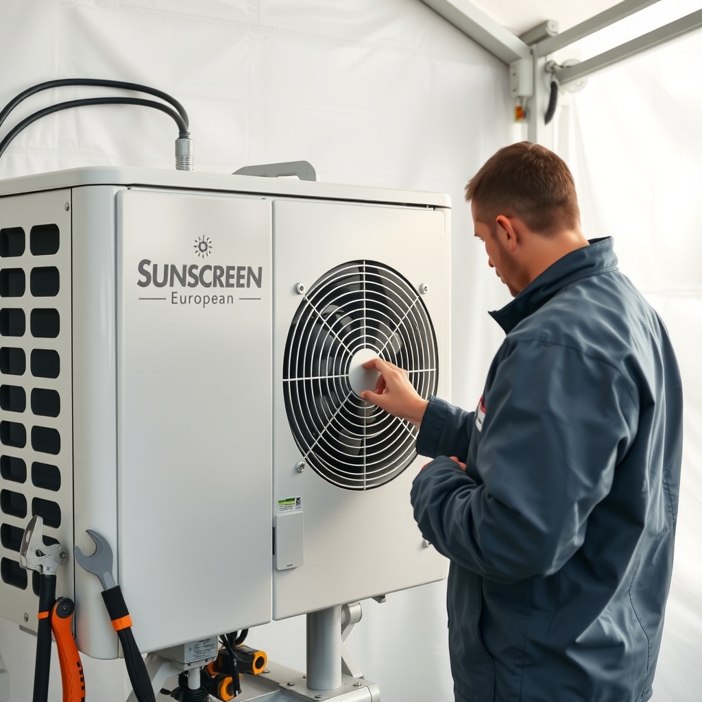 <A photorealistic photo of a Sunscreen European tente motor unit being inspected by a tech