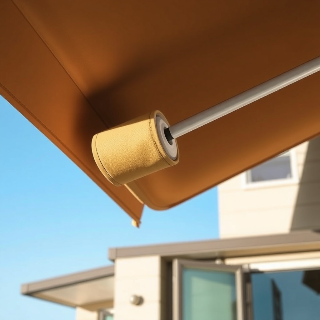 A close-up photorealistic photo of a Sunscreen European tente partially retracted