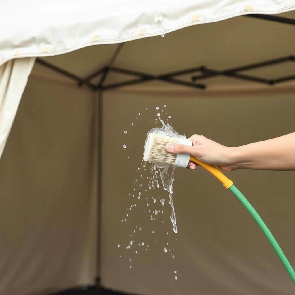 <A clean photorealistic photo of a Sunscreen European tente being gently cleaned with a so