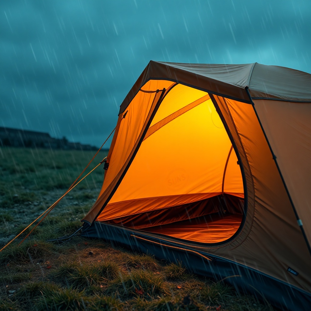 <A clean photorealistic photo of a Sunscreen European tente in a storm scenario with wind