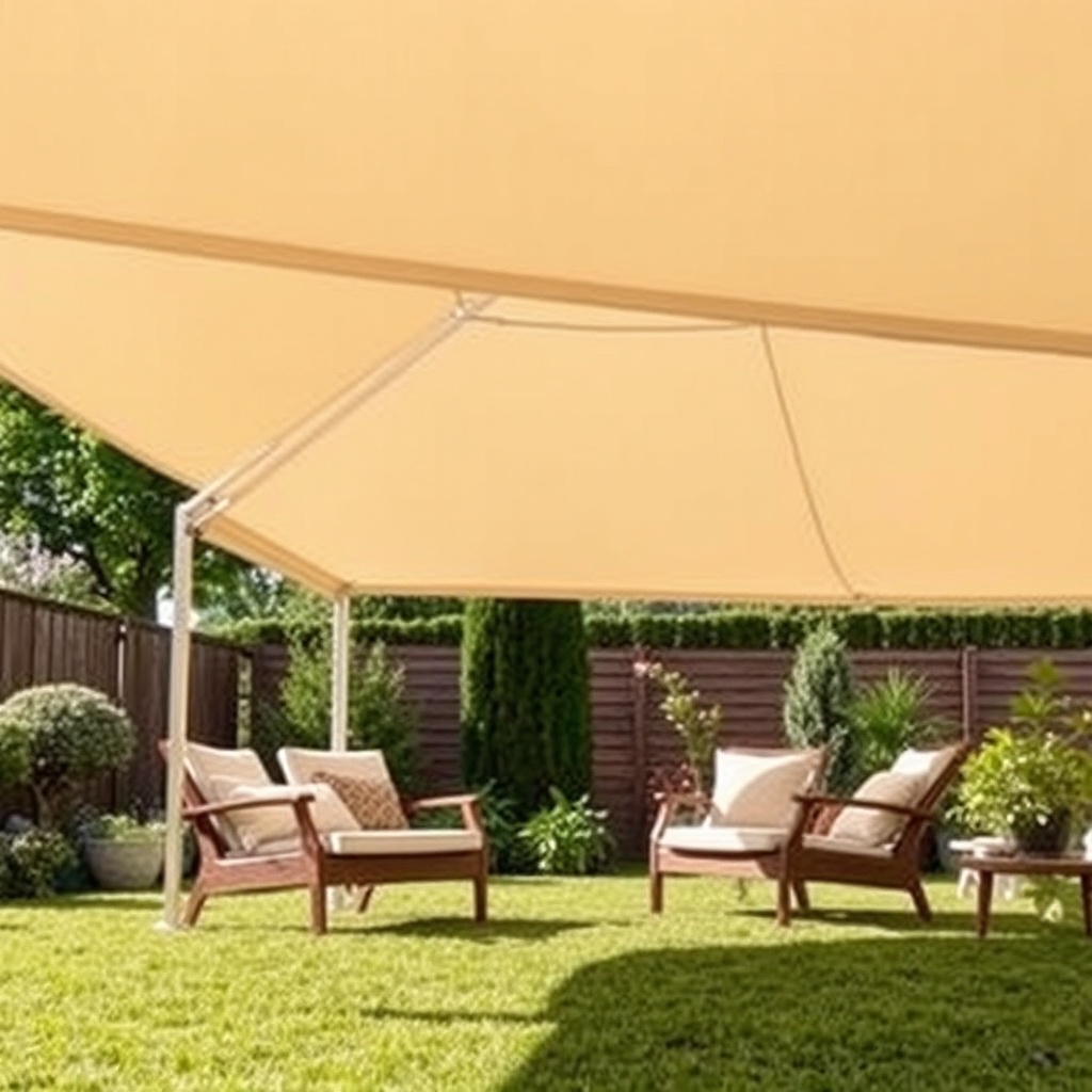 <clean photorealistic photo of a Sunflex Mediterranean tente fully extended in a sunny gar