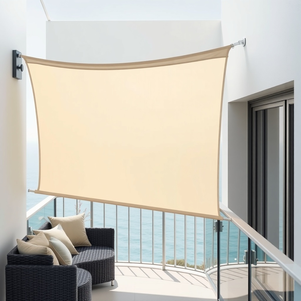 <clean photorealistic photo of a Sunscreen European tente installed on a modern balcony
