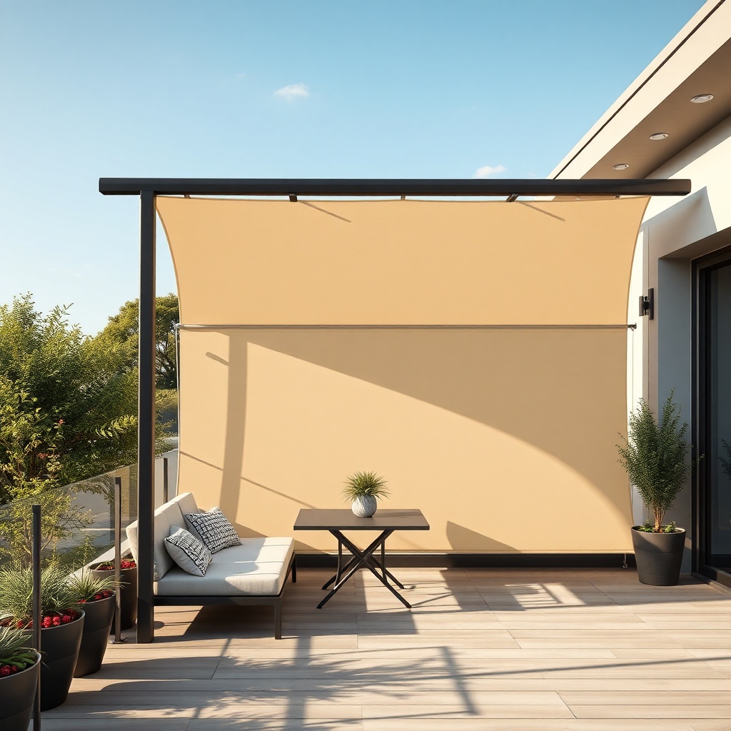 Modern terrace with Sunscreen European tente partially closed